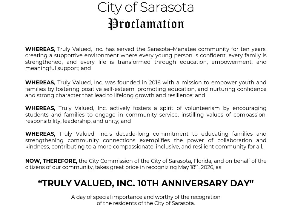 Screenshot of the Truly Valued, Inc. 10th Anniversary Day proclamation