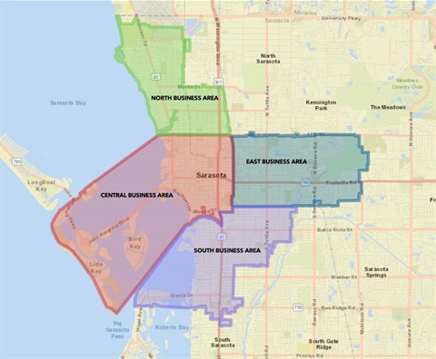 Four areas of the City divided into business and commercial area