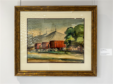 William Hartman (1906-1990) Circus Wagon/ Landscape, 1948 watercolor 25 x 30 inches  (recto/verso) framed 29 x 34 inches Gift of Marcia Sandground, Marian Drost and the Hartman Estate, 2004 Arts Advocates Collection