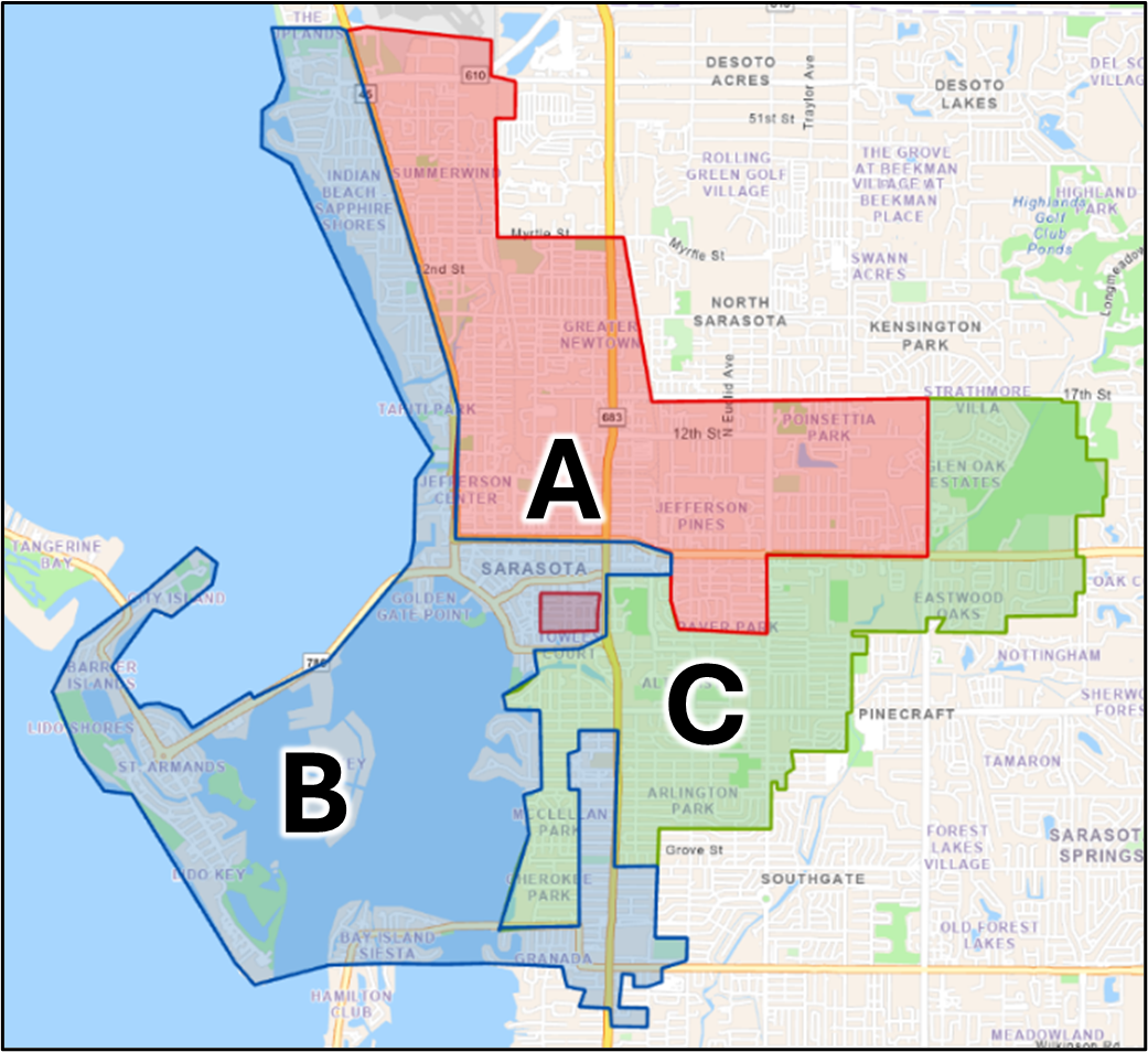 A map of the city that is broken down into Area A, Area B, and Area C. These indicate the locations covered for each meeting. A list of neighborhoods for each meeting can be found in their respective press releases.