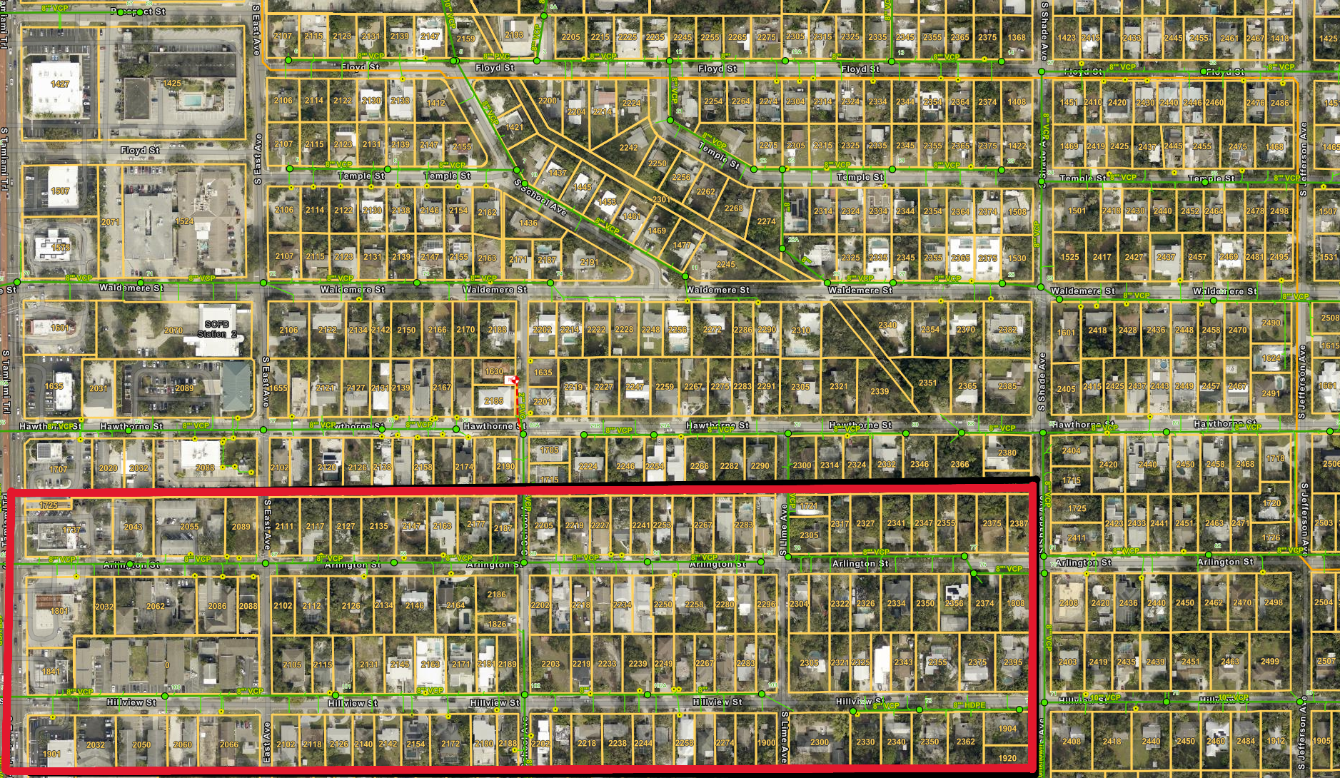 This map shows a rectangle-shaped area in the City of Sarasota where workers will line sewer pipes. The area is between Tamiami Trail on the west, S. Shade Avenue on the east, Arlington Street on the north, and Hillview Street on the south.