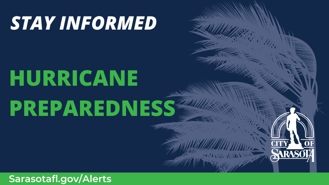 A hurricane preparedness graphic with a billowing tree and the City of Sarasota logo. A bright green info bar is at the bottom with the Sarasotafl.gov/Alerts web URL.